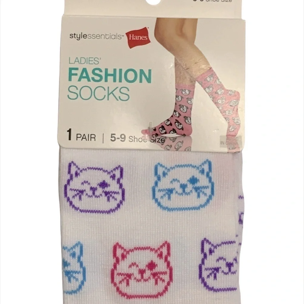 Hanes Cat Print Socks Novelty Pink Purple Blue Multicolor Womens Shoe Size 5-9